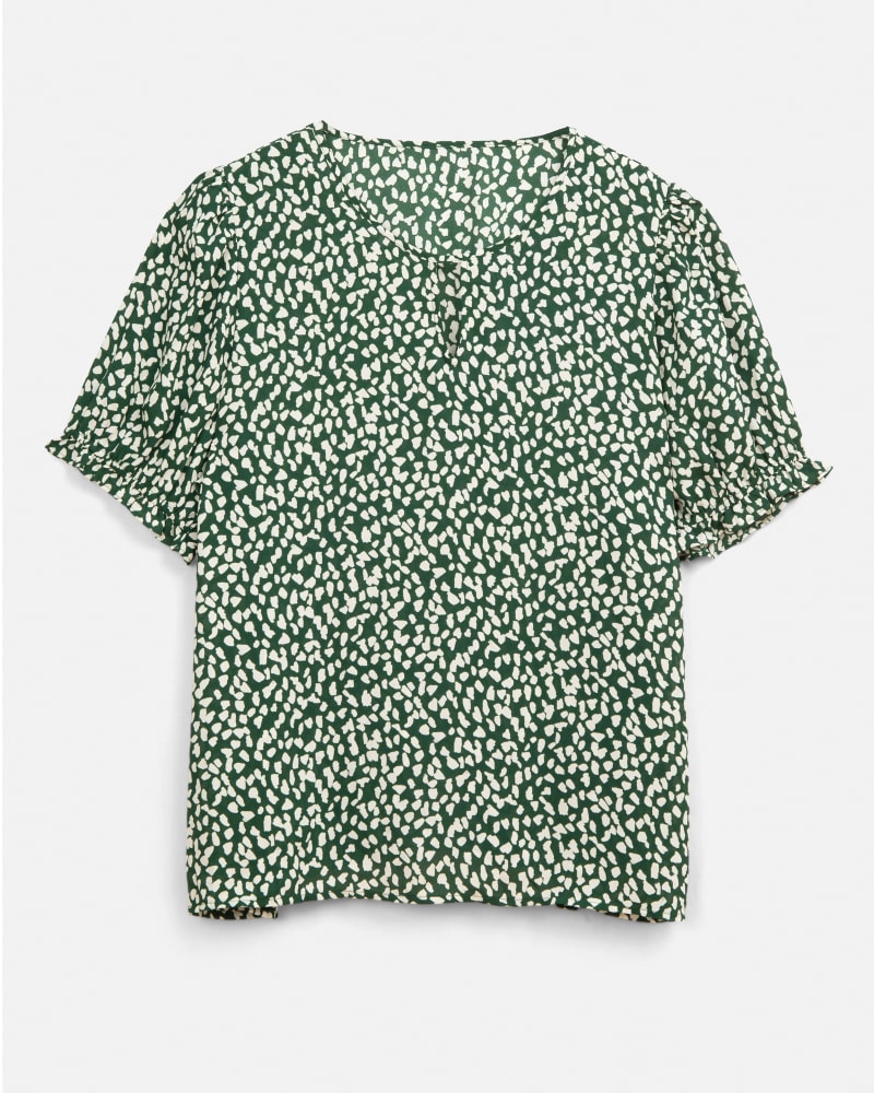Front of a size 2X Poppy Puff-Sleeve Floral-Print Blouse in Forest Green / Ivory by Molly & Isadora. | dia_product_style_image_id:209426